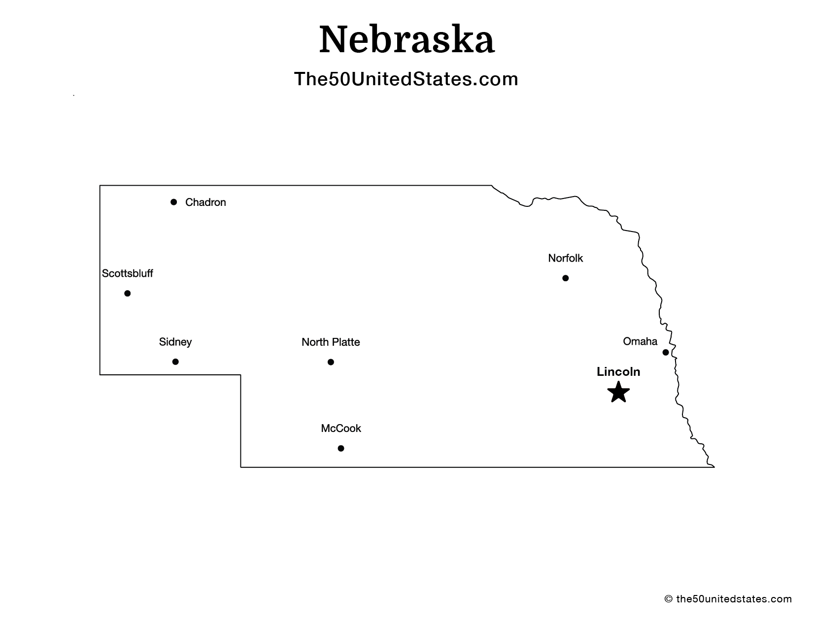 Map of Nebraska with Cities (Labeled)