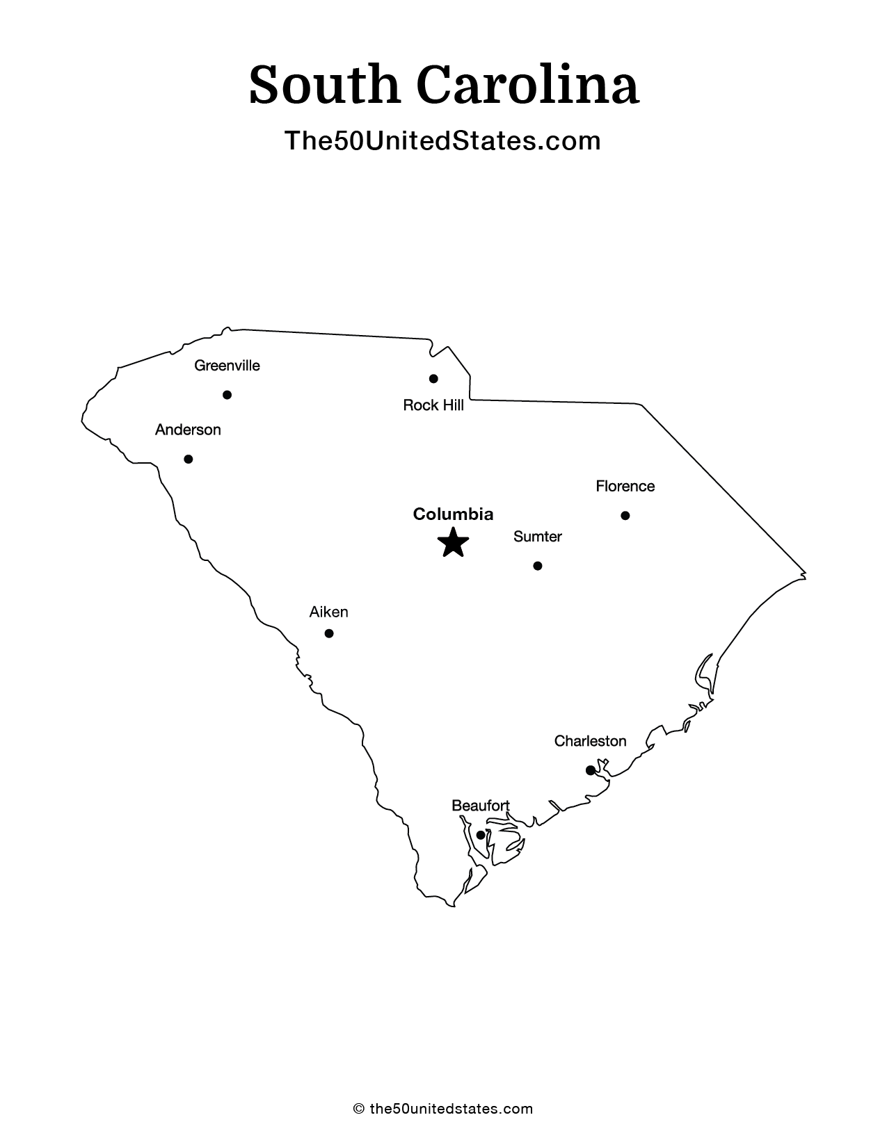 Map of South Carolina with Cities (Labeled)
