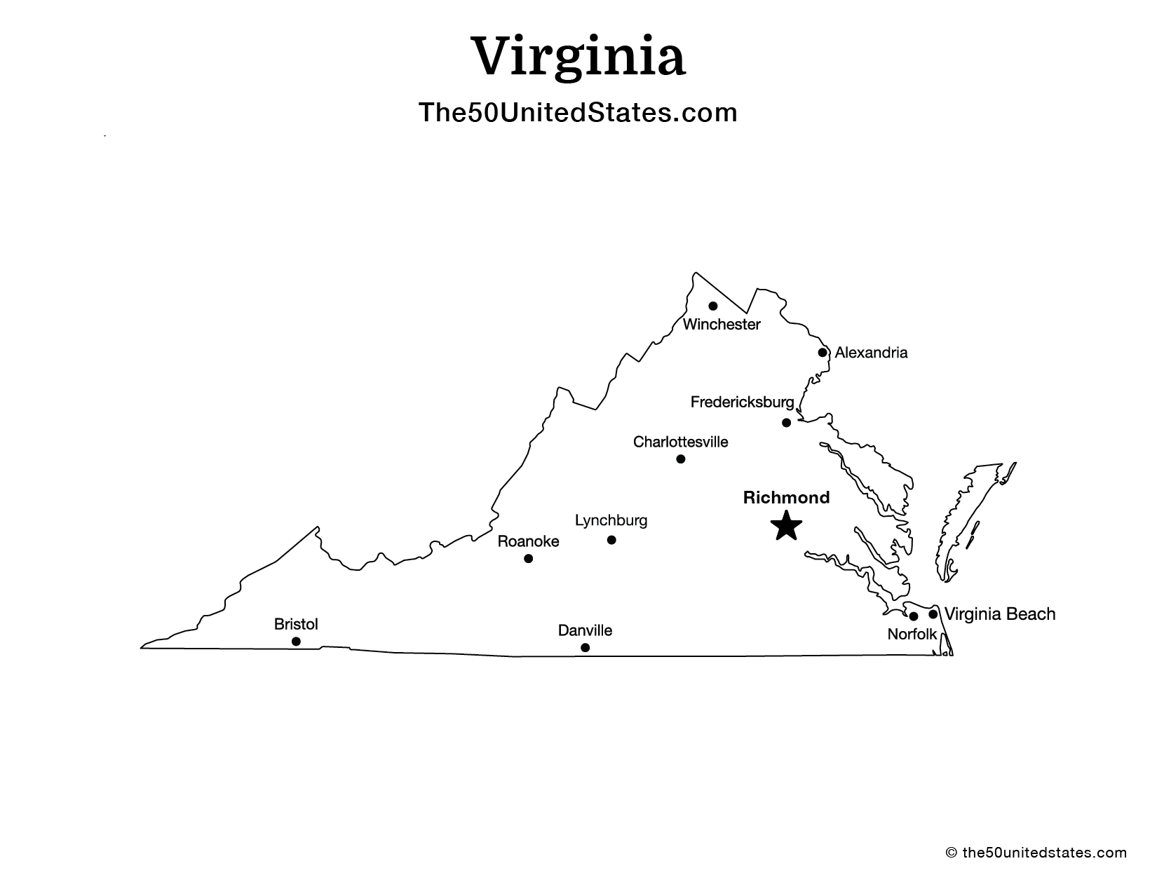 Map of Virginia with Cities (Labeled)
