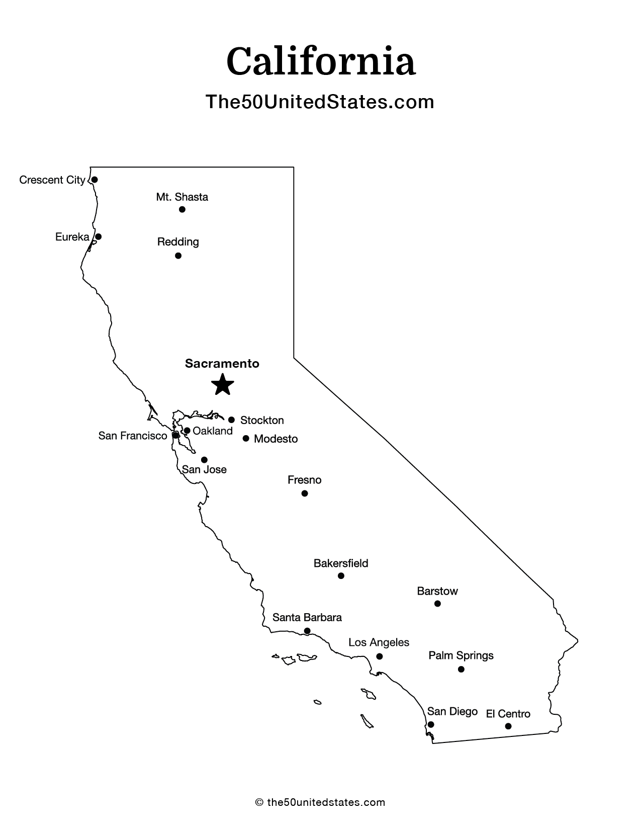 Map of California with Cities (Labeled)